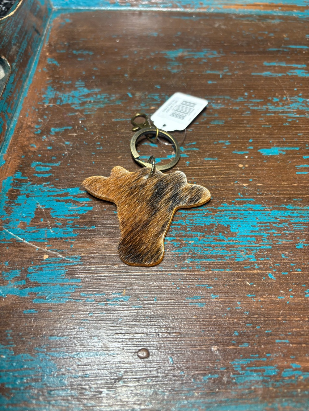 New Cowhide Longhorn Head Keychain - Brown Hair-On Hide